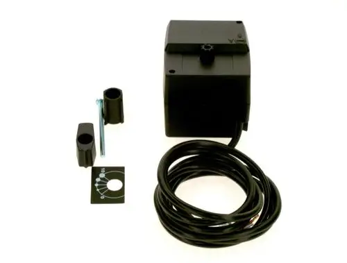 Schwarzer Stellmotor von Bosch mit Kabel und Montageset. Enthält Zubehör wie Halterungen und einen Stift zur Befestigung.